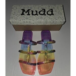 Mudd‎ Papaya Rainbow Rhinestone Jelly Sandals Square Toe Ombre Slides 8